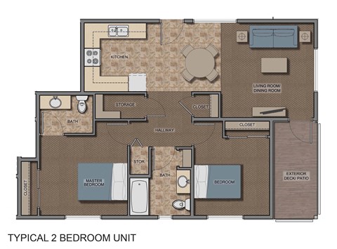 Floor plan for 2 beds, 1 bath, 857 sqft